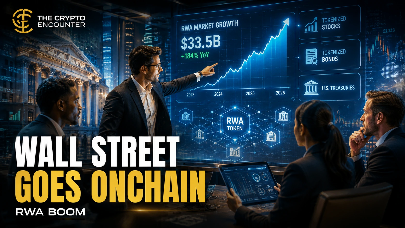 Financial professionals analyze tokenized stocks, Treasury assets and blockchain markets as real-world asset tokenization grows into a major institutional crypto sector.
