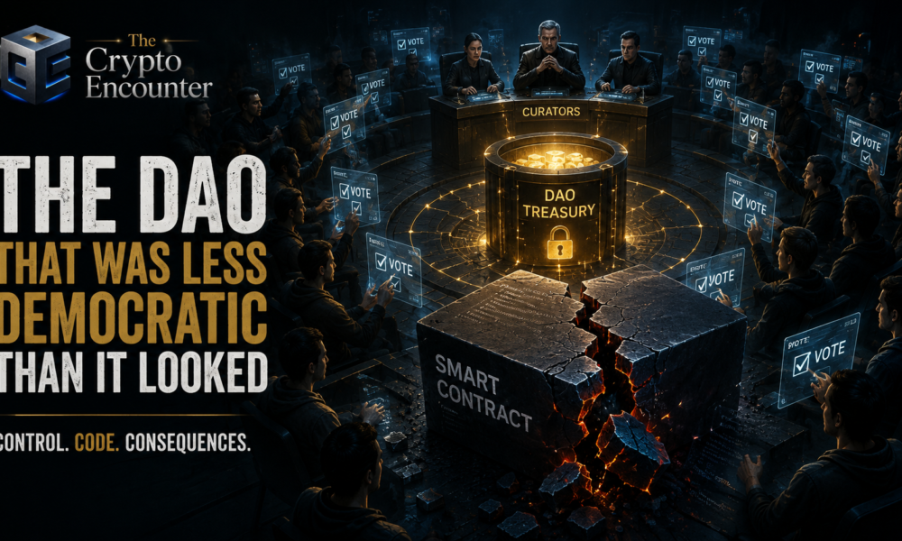 The DAO governance system showing token voting, curators, a DAO treasury, and smart contract risk