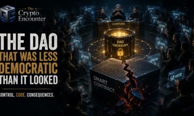 The DAO governance system showing token voting, curators, a DAO treasury, and smart contract risk