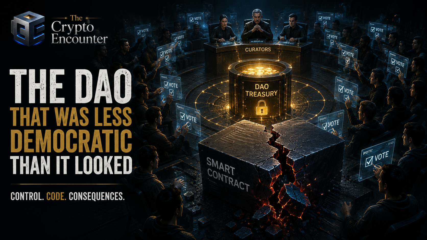 The DAO governance system showing token voting, curators, a DAO treasury, and smart contract risk