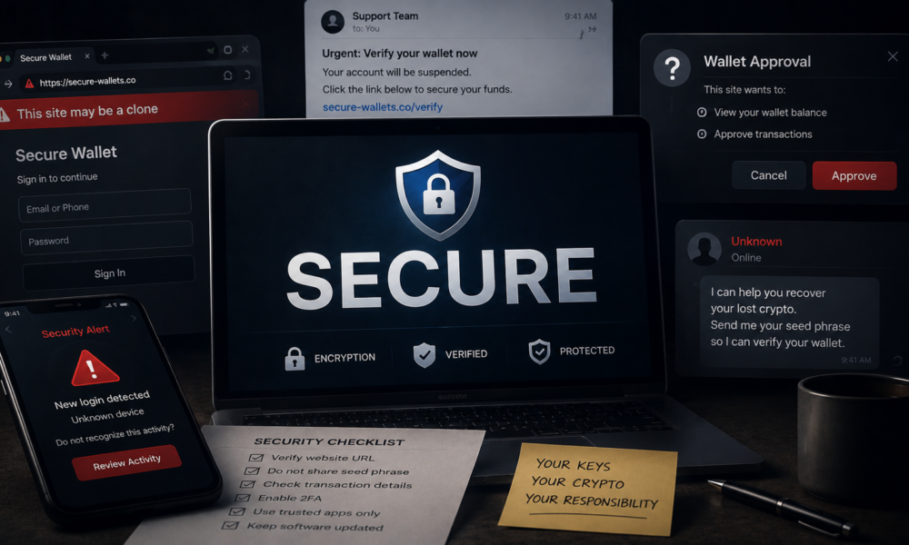 Crypto security illustration showing phishing attacks, fake wallet approvals, compromised devices, and hidden scam risks behind the word secure