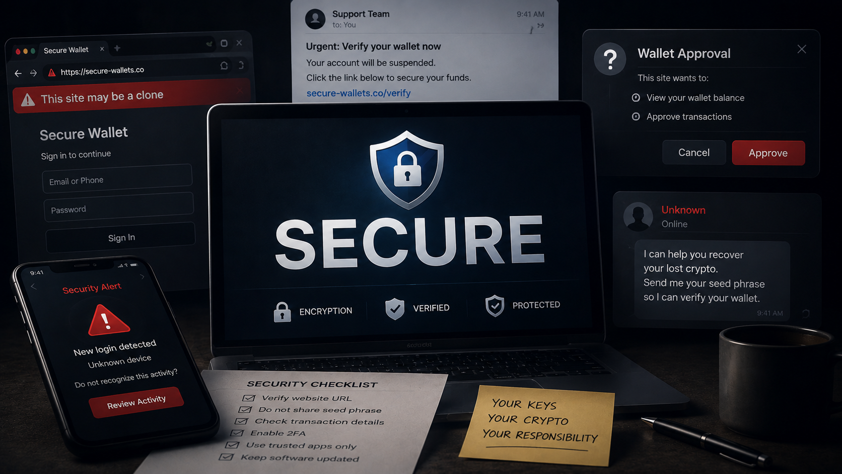 Crypto security illustration showing phishing attacks, fake wallet approvals, compromised devices, and hidden scam risks behind the word secure