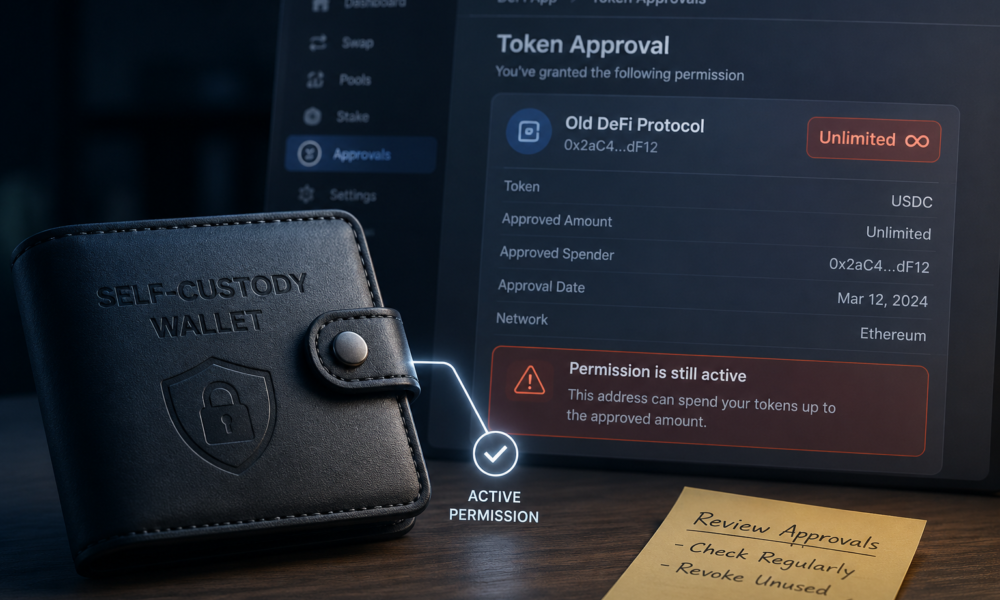 Self-custody crypto wallet connected to an active unlimited token approval on a DeFi application.