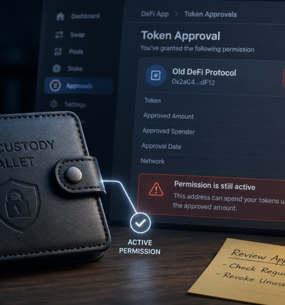 Self-custody crypto wallet connected to an active unlimited token approval on a DeFi application.