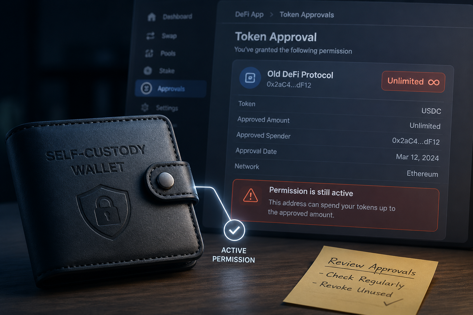 Self-custody crypto wallet connected to an active unlimited token approval on a DeFi application.
