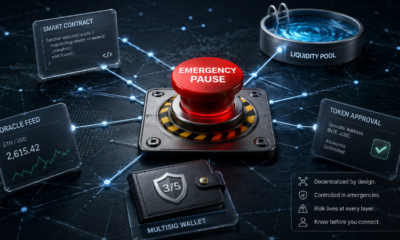 DeFi network converging on a red emergency pause button, surrounded by smart contract, liquidity pool, oracle feed, token approval, and multisig wallet controls.