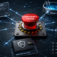 DeFi network converging on a red emergency pause button, surrounded by smart contract, liquidity pool, oracle feed, token approval, and multisig wallet controls.