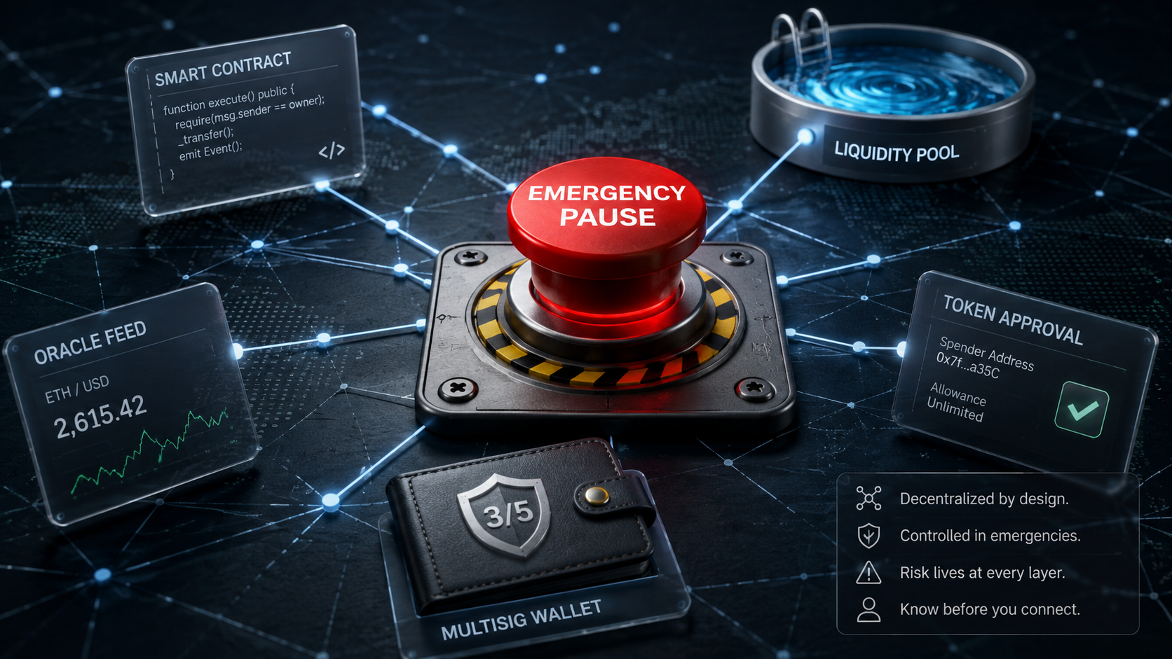 DeFi network converging on a red emergency pause button, surrounded by smart contract, liquidity pool, oracle feed, token approval, and multisig wallet controls.