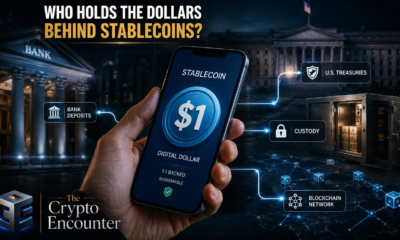 Who holds the dollars behind stablecoins, showing a digital dollar on a smartphone connected to bank deposits, U.S. Treasuries, custody, and blockchain networks.