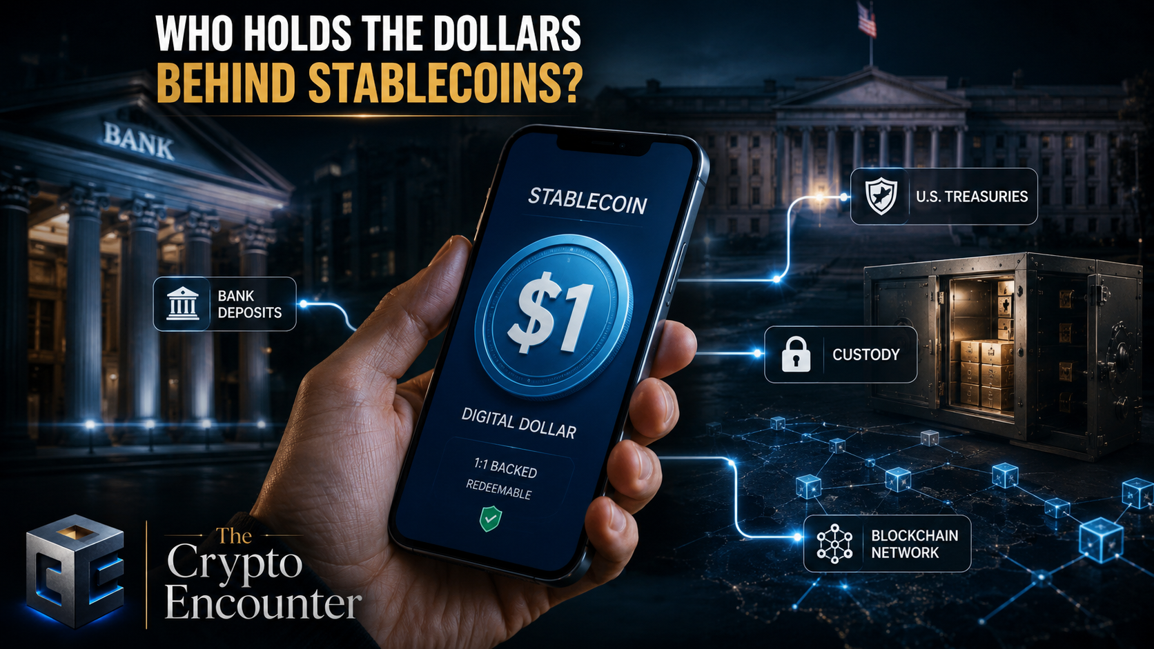 Who holds the dollars behind stablecoins, showing a digital dollar on a smartphone connected to bank deposits, U.S. Treasuries, custody, and blockchain networks.
