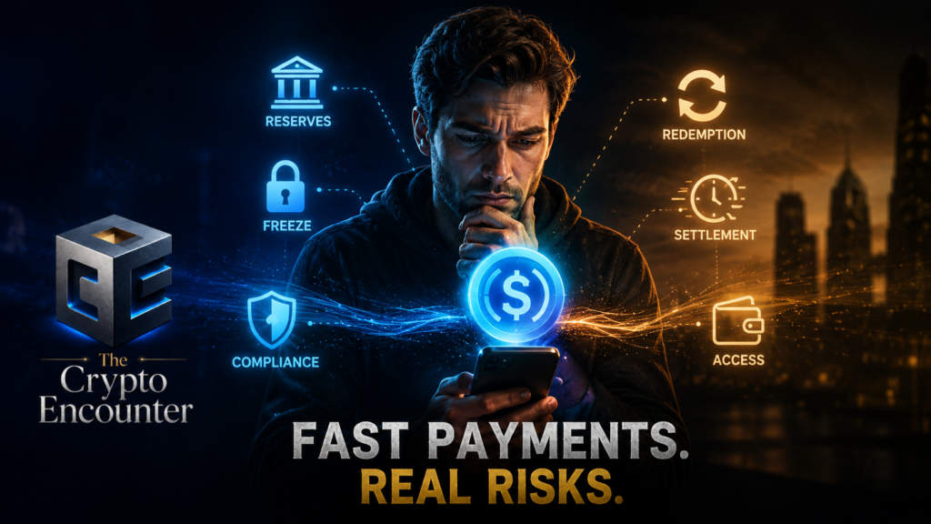 Crypto payments illustration showing a user navigating stablecoin reserves, freezes, compliance, redemption, settlement, and access risks.