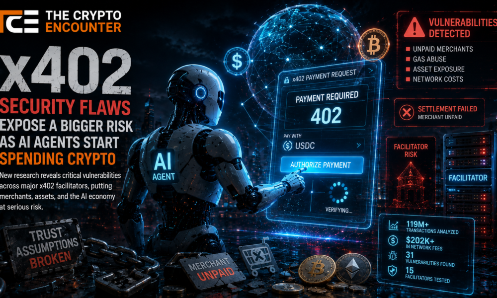 AI agent authorizing an x402 crypto payment as security warnings highlight unpaid merchants, gas abuse, asset exposure, and facilitator risks in autonomous digital commerce.