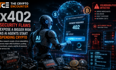 AI agent authorizing an x402 crypto payment as security warnings highlight unpaid merchants, gas abuse, asset exposure, and facilitator risks in autonomous digital commerce.