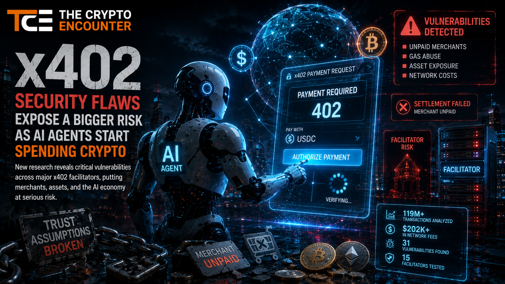 AI agent authorizing an x402 crypto payment as security warnings highlight unpaid merchants, gas abuse, asset exposure, and facilitator risks in autonomous digital commerce.