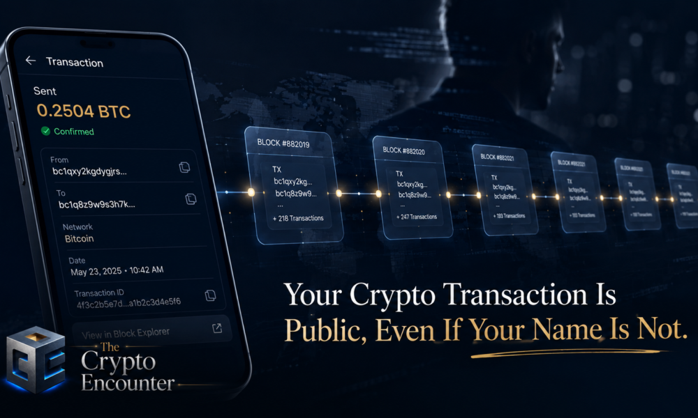 A public Bitcoin transaction appears on a smartphone beside a visible blockchain ledger, while the wallet owner’s identity remains hidden.