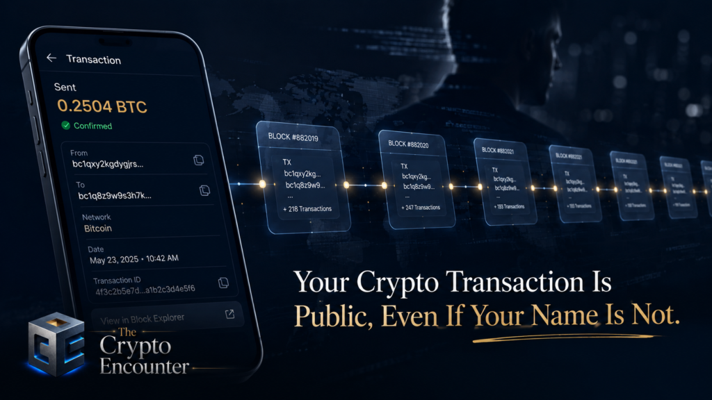A public Bitcoin transaction appears on a smartphone beside a visible blockchain ledger, while the wallet owner’s identity remains hidden.