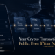 A public Bitcoin transaction appears on a smartphone beside a visible blockchain ledger, while the wallet owner’s identity remains hidden.