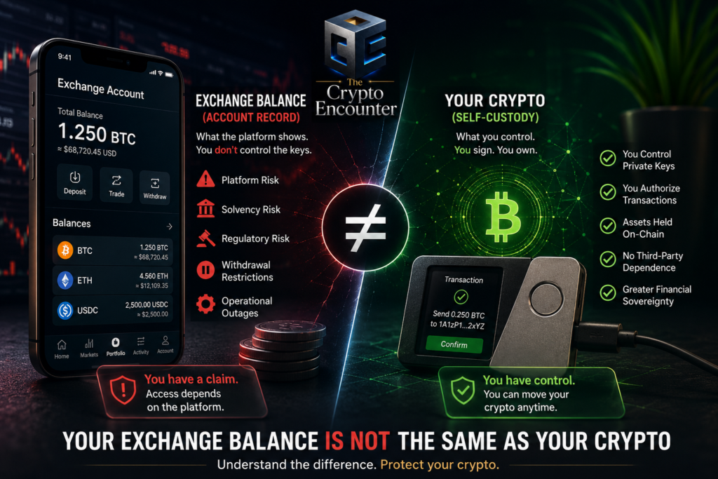 Infographic comparing an exchange balance with self-custody, showing the difference between an account record and private-key control over cryptocurrency.