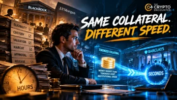 Tokenized money market fund collateral moving through an institutional blockchain network between asset managers, banks and derivatives counterparties, illustrating the difference between instant settlement and slower collateral approval processes.