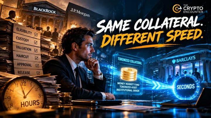 Tokenized money market fund collateral moving through an institutional blockchain network between asset managers, banks and derivatives counterparties, illustrating the difference between instant settlement and slower collateral approval processes.