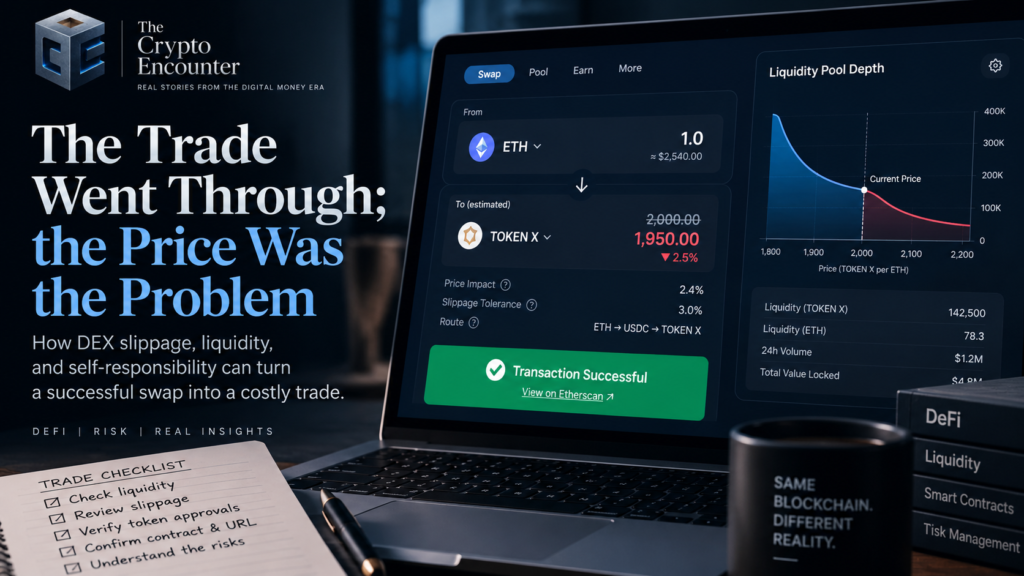 DEX slippage illustration showing a successful decentralized exchange trade receiving fewer tokens as liquidity and price impact worsen the execution price.