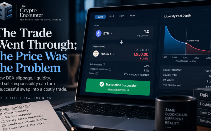 DEX slippage illustration showing a successful decentralized exchange trade receiving fewer tokens as liquidity and price impact worsen the execution price.