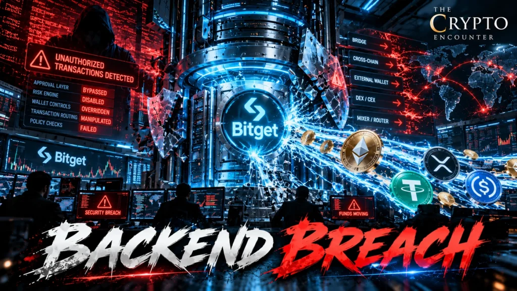 Bitget crypto exchange security breach showing $351.6 million in stolen assets, compromised backend systems, XRP and Ethereum transfers, and suspended withdrawals