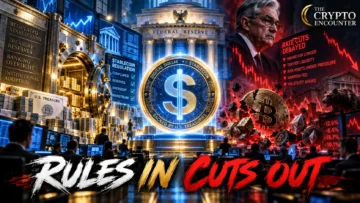 Federal Reserve stablecoin rules and delayed rate cuts illustrated with digital dollars, US Treasuries, Bitcoin and higher interest rates