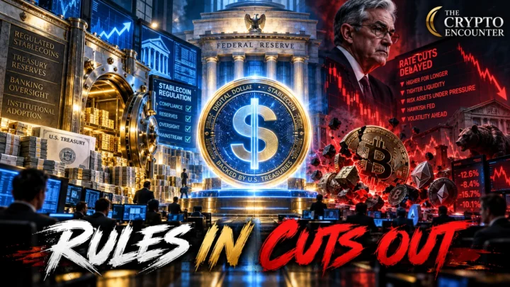 Federal Reserve stablecoin rules and delayed rate cuts illustrated with digital dollars, US Treasuries, Bitcoin and higher interest rates