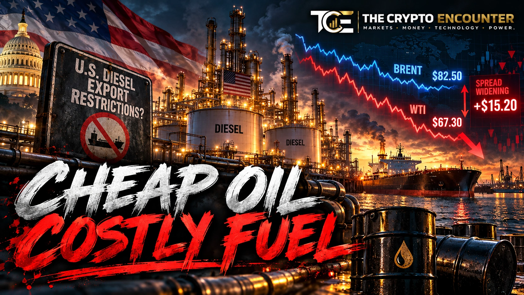 WTI crude trading at a widening discount to Brent as markets assess a possible U.S. diesel export ban and its impact on refinery output and fuel prices