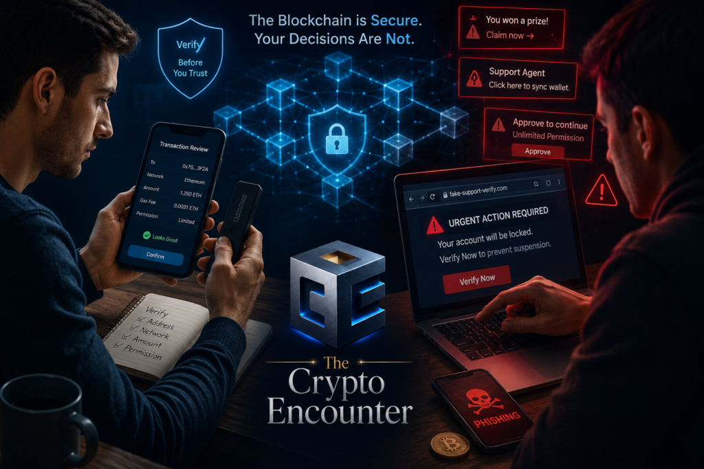 Crypto confidence versus overconfidence, showing one user carefully verifying a wallet transaction while another responds to phishing alerts, fake support prompts, and risky approval requests.