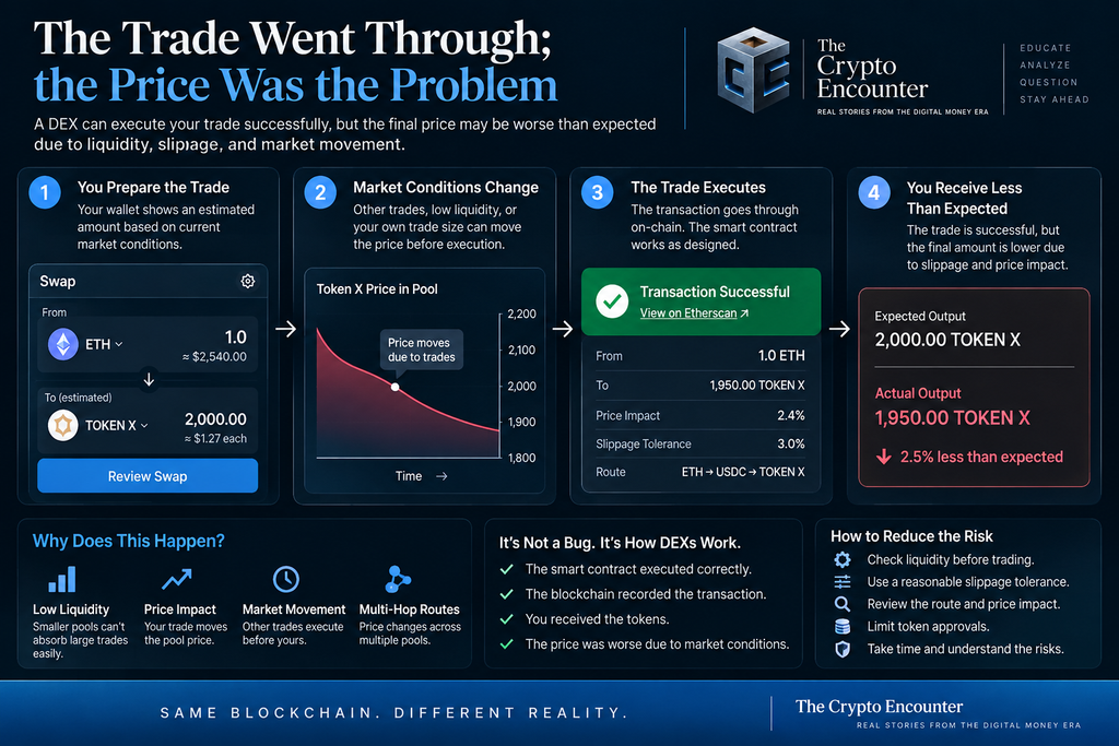 DEX slippage infographic showing how a successful decentralized exchange trade can deliver fewer tokens than expected because of liquidity, price impact, market movement, and routing.