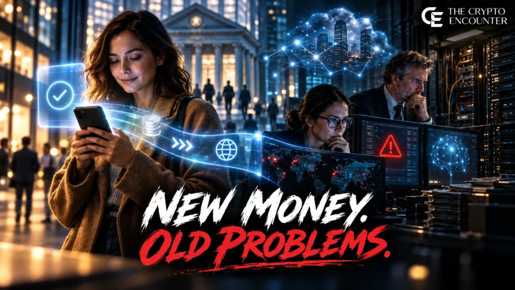 A bank customer makes a digital payment while fraud analysts monitor AI-driven transactions, tokenized money, instant payment networks and legacy banking systems, illustrating the human impact of modern payment technology.