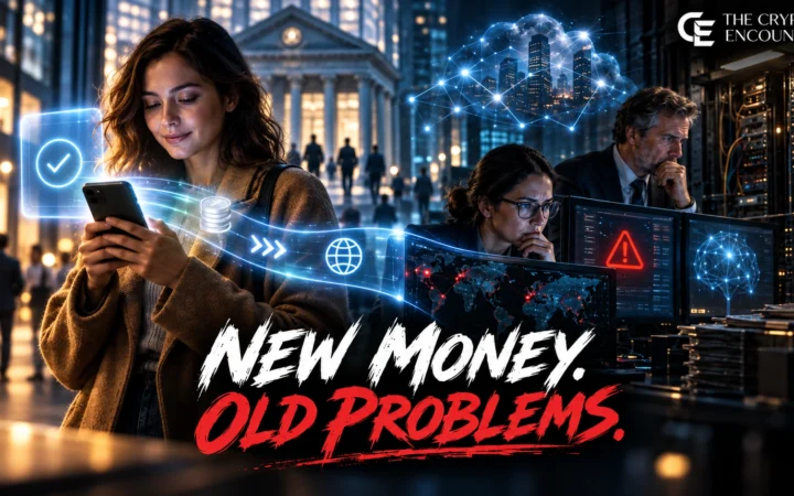 A bank customer makes a digital payment while fraud analysts monitor AI-driven transactions, tokenized money, instant payment networks and legacy banking systems, illustrating the human impact of modern payment technology.