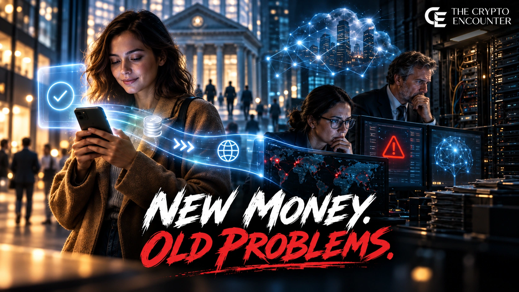 A bank customer makes a digital payment while fraud analysts monitor AI-driven transactions, tokenized money, instant payment networks and legacy banking systems, illustrating the human impact of modern payment technology.