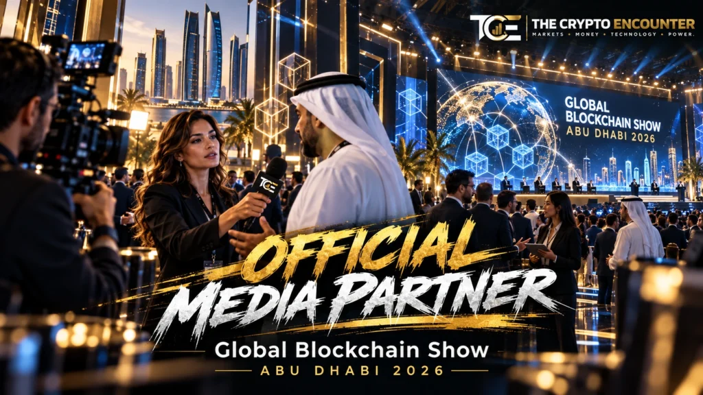 The Crypto Encounter announced as an Official Media Partner of Global Blockchain Show Abu Dhabi 2026, with an interviewer speaking to an attendee inside a cinematic blockchain conference setting.