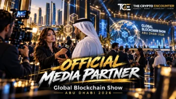 The Crypto Encounter announced as an Official Media Partner of Global Blockchain Show Abu Dhabi 2026, with an interviewer speaking to an attendee inside a cinematic blockchain conference setting.