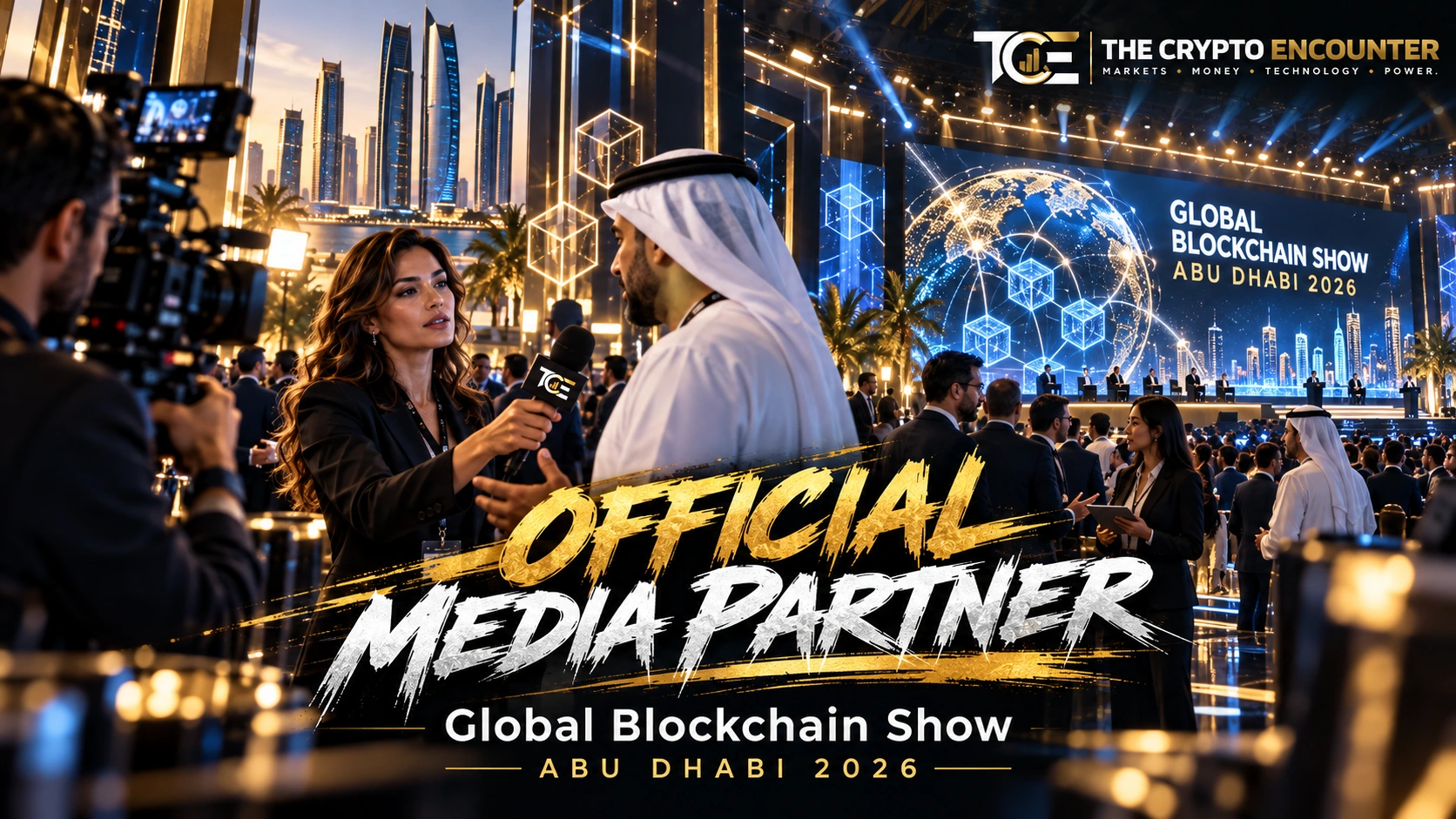 The Crypto Encounter announced as an Official Media Partner of Global Blockchain Show Abu Dhabi 2026, with an interviewer speaking to an attendee inside a cinematic blockchain conference setting.