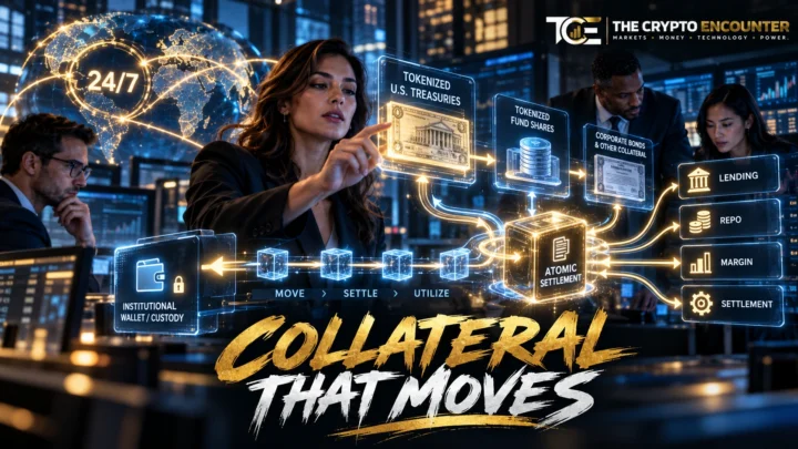 Tokenized U.S. Treasury and fund assets moving through interconnected blockchain-based collateral, repo, lending, and settlement networks around the clock