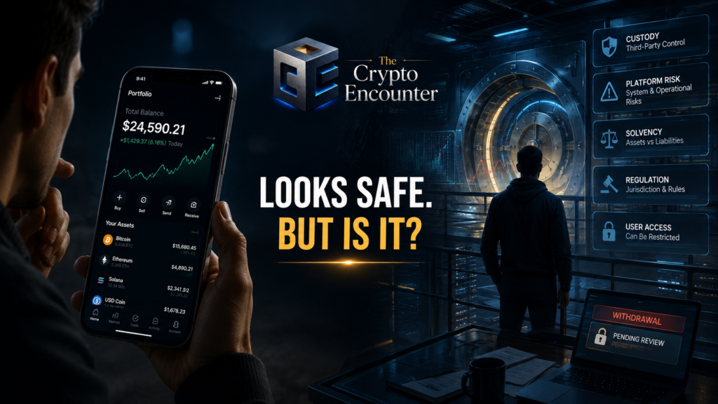 Human reviewing a crypto app balance while custody, solvency, regulation, and withdrawal risks appear behind the platform