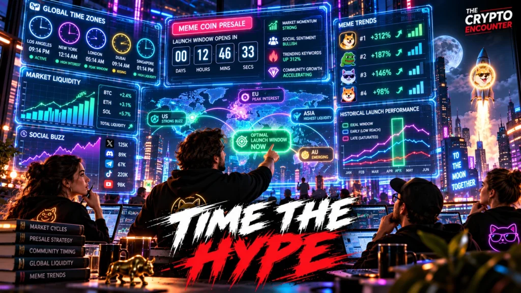 Meme coin founders studying market cycles, liquidity, social attention, community growth and launch-readiness indicators to determine the right window for a token presale.