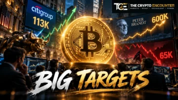 Bitcoin positioned between Citi’s $113,000 institutional forecast and Peter Brandt’s $300,000 to $600,000 long-term scenario, with a sharp $65,000 downside warning, ETF flows and Wall Street market signals surrounding the price path.