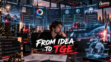 Crypto startup founder reviewing tokenomics, legal compliance, smart contract security, KYC, treasury and launch milestones for a first token presale.