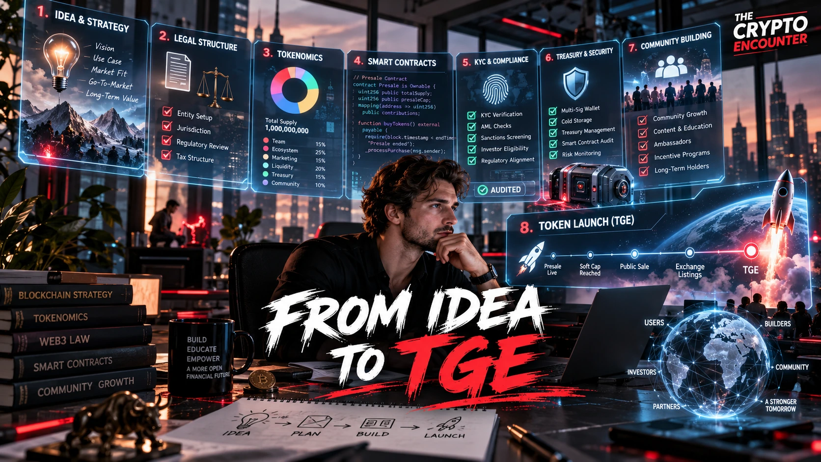 Crypto startup founder reviewing tokenomics, legal compliance, smart contract security, KYC, treasury and launch milestones for a first token presale.