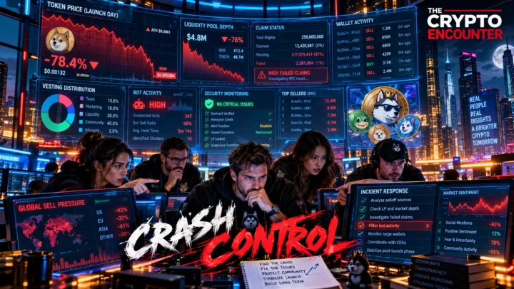 Meme coin project team managing a launch-day crisis as token price volatility, liquidity, smart contracts, bot activity, vesting, security alerts and community communications converge.
