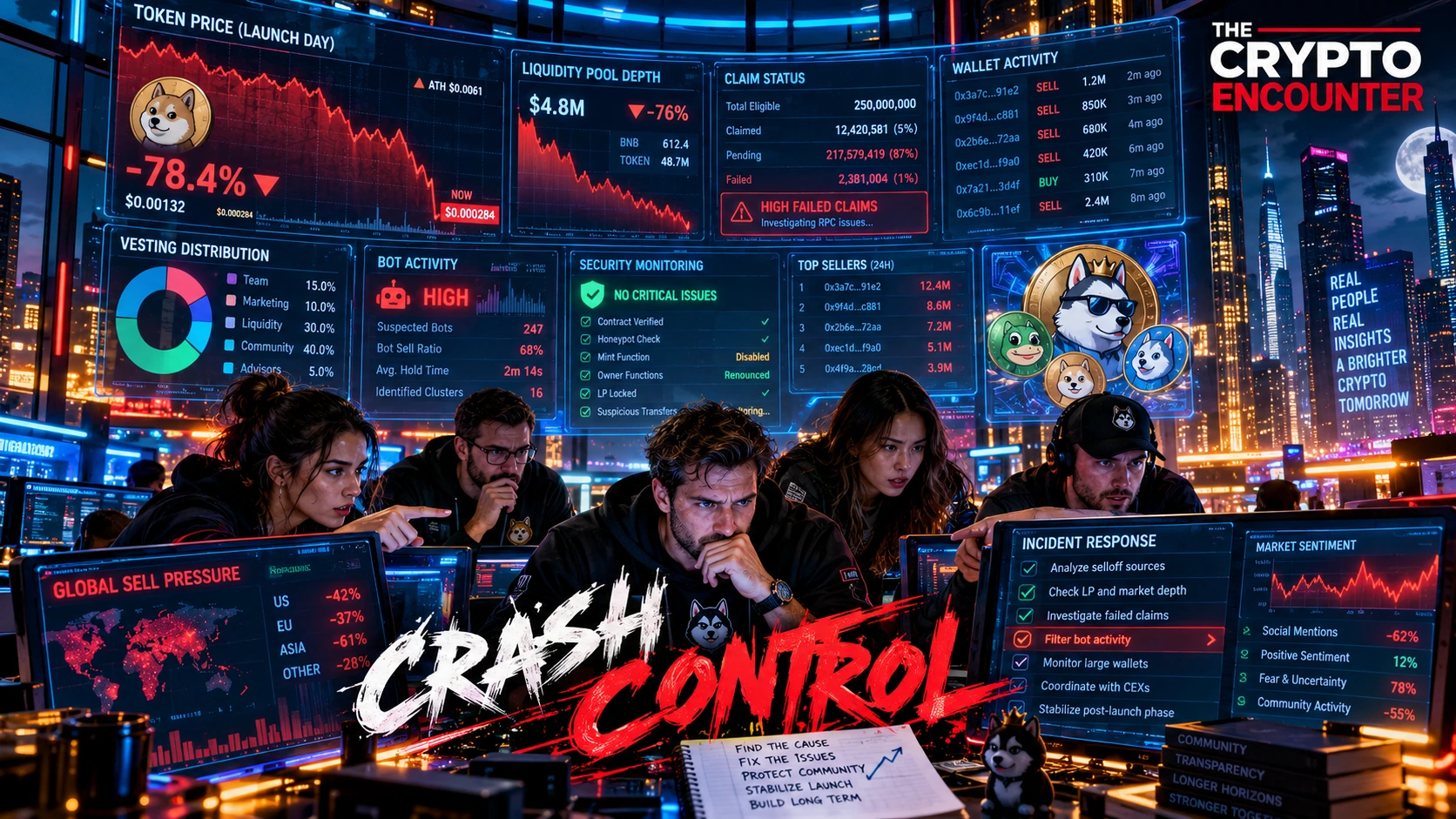 Meme coin project team managing a launch-day crisis as token price volatility, liquidity, smart contracts, bot activity, vesting, security alerts and community communications converge.