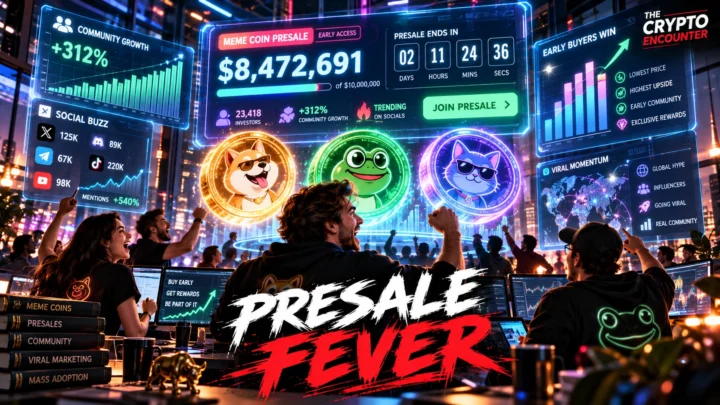 Crypto traders watching a meme coin presale dashboard as social-media hype, token pricing, community growth, liquidity and speculative demand converge around a new token launch.