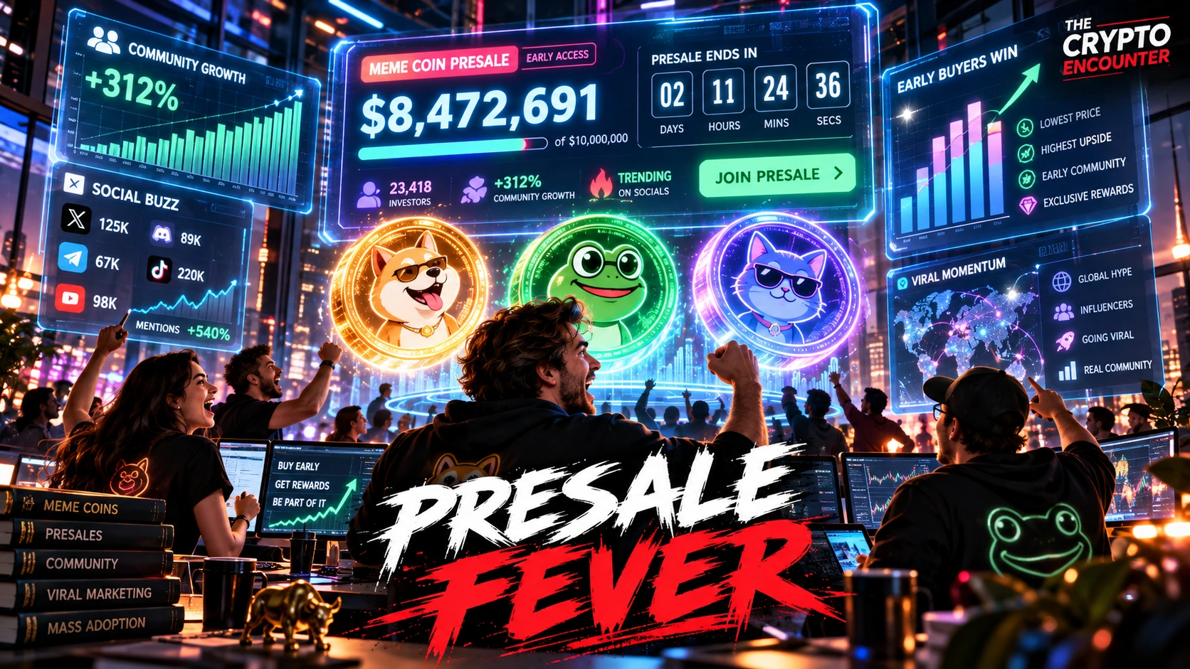 Crypto traders watching a meme coin presale dashboard as social-media hype, token pricing, community growth, liquidity and speculative demand converge around a new token launch.