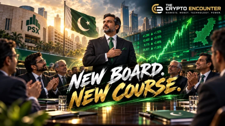 Pakistan Stock Brokers Association leadership transition depicted in a cinematic boardroom scene with executives, the Pakistan flag, PSX market imagery, rising stock charts, and The Crypto Encounter logo.