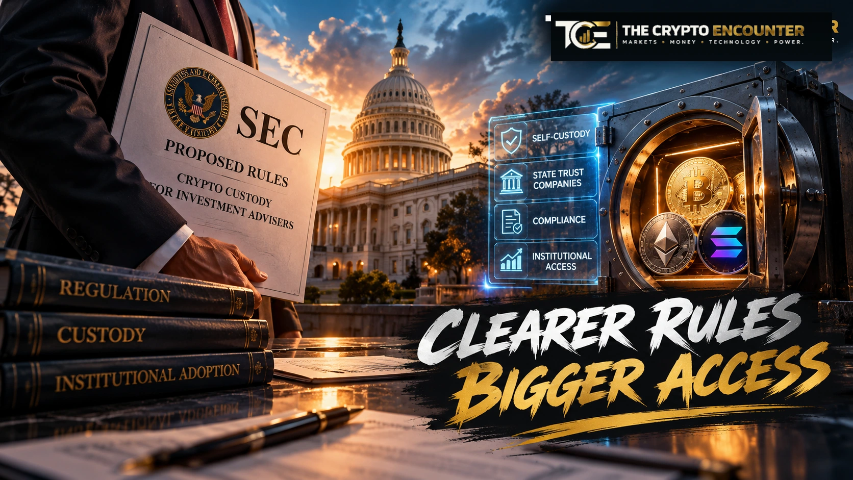 Investment advisers and institutional fund managers navigating the SEC’s proposed crypto custody framework, with self-custody wallets, state trust companies and digital assets represented around a regulatory control center.